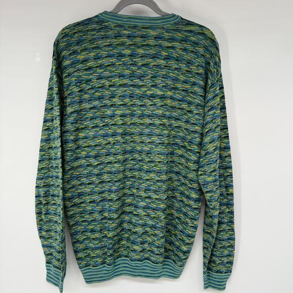 Kilgore Trout Italian Sweater Mens V XL Teal Geometric Striped Crew Granpacore - Picture 2 of 7